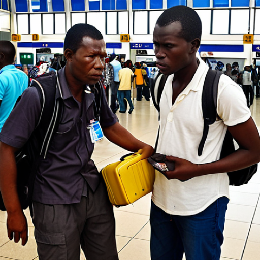 **

A traveler looking overwhelmed at an airport in Lomé, Togo. A man in plain clothes is aggressively demanding money for "helping" with luggage, while official-looking porters with clear ID badges observe from a distance. The scene is slightly chaotic, emphasizing the vulnerability of the traveler.

**
