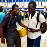 **

A traveler looking overwhelmed at an airport in Lomé, Togo. A man in plain clothes is aggressively demanding money for "helping" with luggage, while official-looking porters with clear ID badges observe from a distance. The scene is slightly chaotic, emphasizing the vulnerability of the traveler.

**