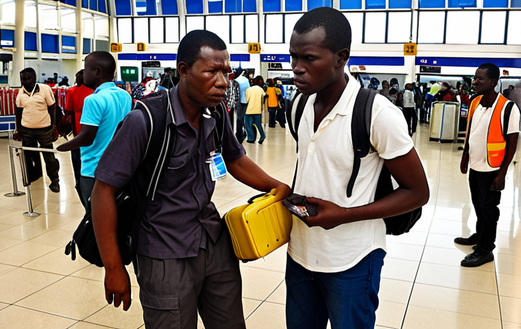 **
A traveler looking overwhelmed at an airport in Lomé, Togo. A man in plain clothes is aggressively demanding money for "helping" with luggage, while official-looking porters with clear ID badges observe from a distance. The scene is slightly chaotic, emphasizing the vulnerability of the traveler.
**