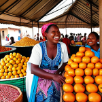 **Prompt 1: Vibrant Market Connection**
    A wide shot capturing the vibrant, bustling Grand Marché in Lomé, Togo. In the foreground, a foreign traveler with a bright smile is warmly interacting with a local Togolese fruit vendor, both laughing genuinely. The market is a kaleidoscope of colors with stacks of fresh tropical fruits, pyramids of spices, and rolls of intricately patterned fabrics. Locals in traditional attire or everyday wear are seen in the background, creating a lively atmosphere. The scene emphasizes authentic human connection and shared joy through cultural exchange, with natural lighting and a lively, engaging composition.