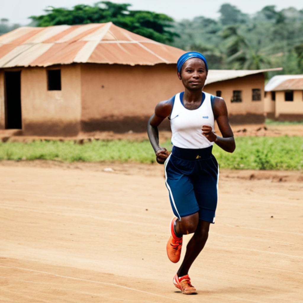 A determined adult Togolese female athlete, fully clothed in modest, professional athletic wear, running with focus on a dusty community sports field in a rural Togolese landscape. Traditional village buildings are visible in the background under natural lighting. The scene captures grit and resilience. Professional sports photography, high quality, realistic, safe for work, appropriate content, perfect anatomy, correct proportions, natural pose, well-formed hands, proper finger count, natural body proportions, family-friendly.