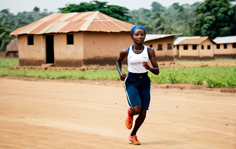 A determined adult Togolese female athlete, fully clothed in modest, professional athletic wear, running with focus on a dusty community sports field in a rural Togolese landscape. Traditional village buildings are visible in the background under natural lighting. The scene captures grit and resilience. Professional sports photography, high quality, realistic, safe for work, appropriate content, perfect anatomy, correct proportions, natural pose, well-formed hands, proper finger count, natural body proportions, family-friendly.