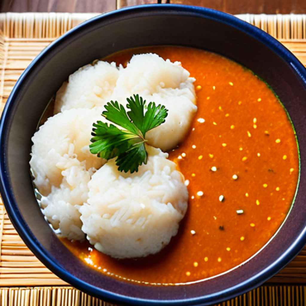 Fufu and Sauce**

"A vibrant overhead shot of a bowl of steaming fufu, accompanied by a rich, peanut-based *sauce arachide* in a smaller bowl. The meal is set on a rustic wooden table, with a woven Togolese placemat underneath. Focus on the textures of the fufu and the sauce.  Fully clothed hands are shown dipping the fufu into the sauce. Safe for work, appropriate content, fully clothed, professional food photography, perfect anatomy, correct proportions, natural light, family-friendly."

**