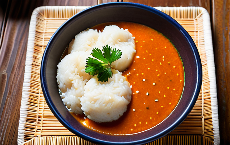 Fufu and Sauce**

"A vibrant overhead shot of a bowl of steaming fufu, accompanied by a rich, peanut-based *sauce arachide* in a smaller bowl. The meal is set on a rustic wooden table, with a woven Togolese placemat underneath. Focus on the textures of the fufu and the sauce.  Fully clothed hands are shown dipping the fufu into the sauce. Safe for work, appropriate content, fully clothed, professional food photography, perfect anatomy, correct proportions, natural light, family-friendly."

**