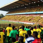 토고 축구 국가대표팀 - **Prompt: The Unyielding Spirit of Togolese Fans**
    "A wide, dynamic shot of a packed football st...