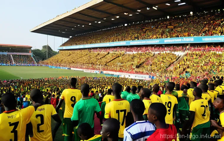 토고 축구 국가대표팀 - **Prompt: The Unyielding Spirit of Togolese Fans**
    "A wide, dynamic shot of a packed football st...