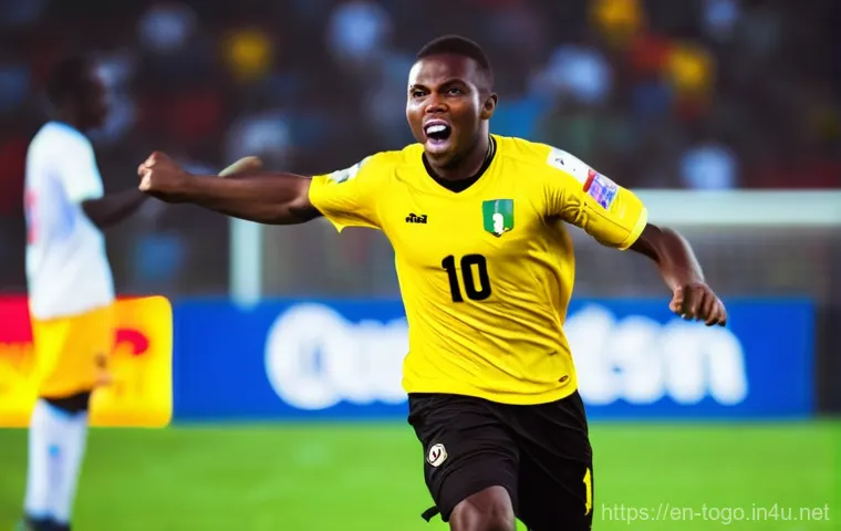 토고 축구 국가대표팀 - **Prompt: Emmanuel Adebayor: 2006 World Cup Qualification Triumph**
    "A heroic, celebratory portr...