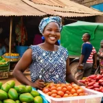 토고의 여성 인권 문제 - **A Vibrant Togolese Market Woman: Entrepreneurial Spirit**
    A wide shot capturing the bustling e...