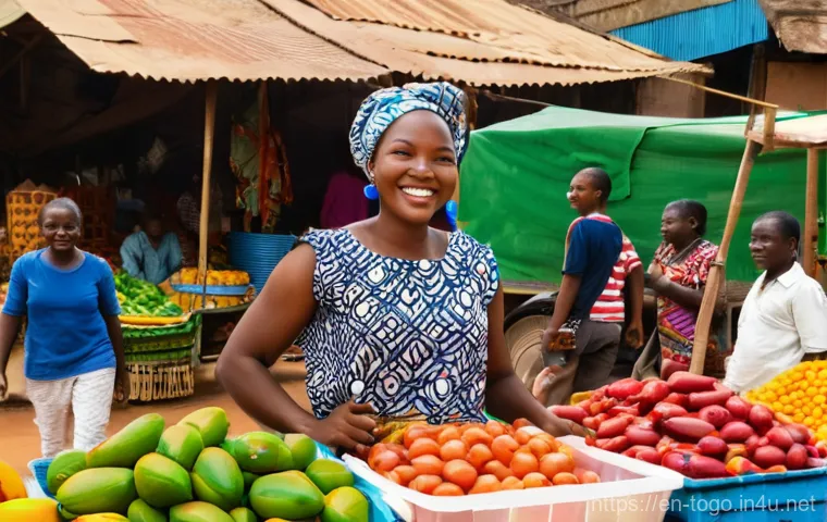 토고의 여성 인권 문제 - **A Vibrant Togolese Market Woman: Entrepreneurial Spirit**
    A wide shot capturing the bustling e...