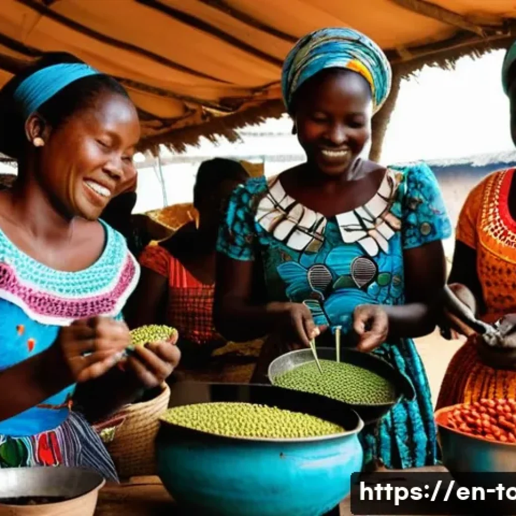 토고 커피 문화 - **Prompt:** "A vibrant Togolese marketplace scene. A group of Togolese women wearing colorful tradit...