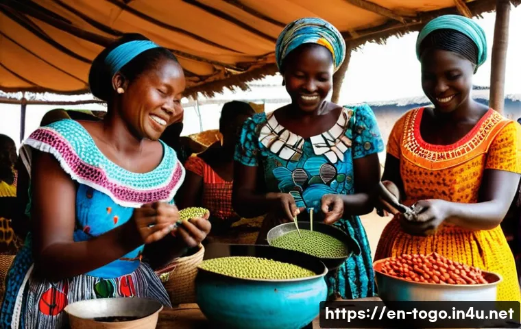 토고 커피 문화 - **Prompt:** "A vibrant Togolese marketplace scene. A group of Togolese women wearing colorful tradit...