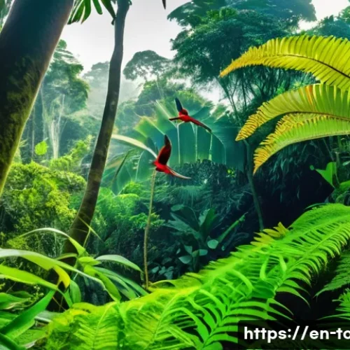 토고의 생태 관광 프로젝트 - A vibrant tropical forest scene in southern Togo showcasing dense green foliage with sunlight filter...
