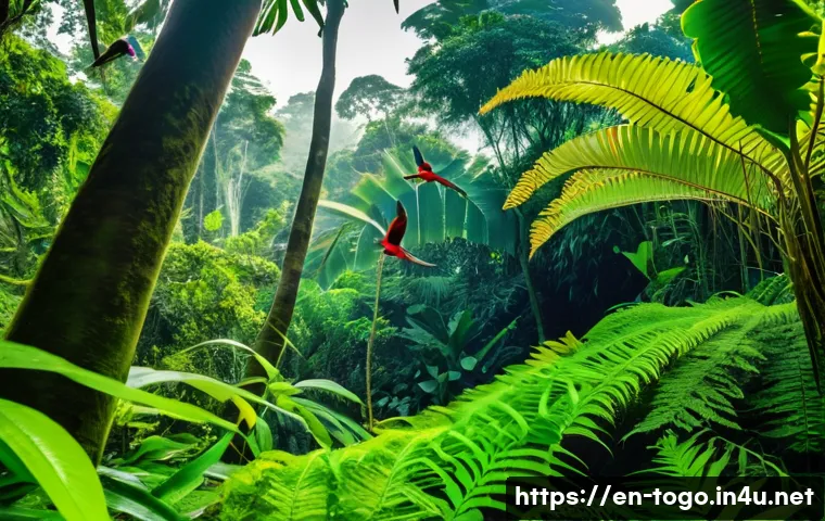 토고의 생태 관광 프로젝트 - A vibrant tropical forest scene in southern Togo showcasing dense green foliage with sunlight filter...