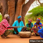 토고 문학과 시인 - A vibrant scene under a large baobab tree in a Togolese village at dusk, with a group of elders and ...