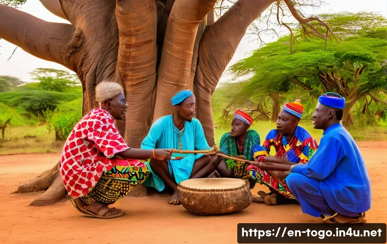 토고 문학과 시인 - A vibrant scene under a large baobab tree in a Togolese village at dusk, with a group of elders and ...