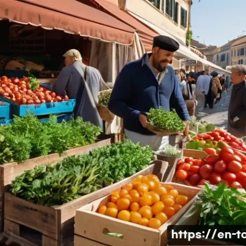 로메 중앙 시장 탐방 - A vibrant Roman open-air market scene at early morning light, showcasing colorful seasonal produce s...