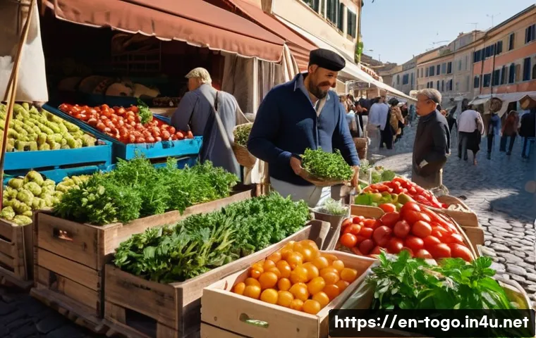 로메 중앙 시장 탐방 - A vibrant Roman open-air market scene at early morning light, showcasing colorful seasonal produce s...