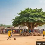 토고에서 인기 있는 스포츠 - A vibrant street football scene in Togo, featuring children and adults of diverse ages playing baref...