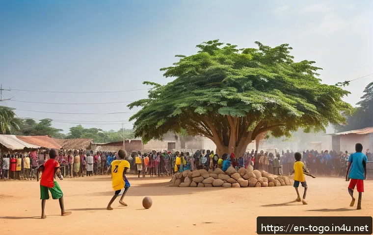 토고에서 인기 있는 스포츠 - A vibrant street football scene in Togo, featuring children and adults of diverse ages playing baref...