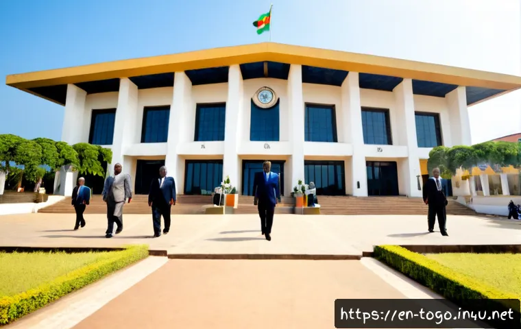 Home 17 토고의 현대 정치 체제 - Photorealistic wide-angle view of Togo’s modern parliamentary governance in Lomé, a dignified govern...